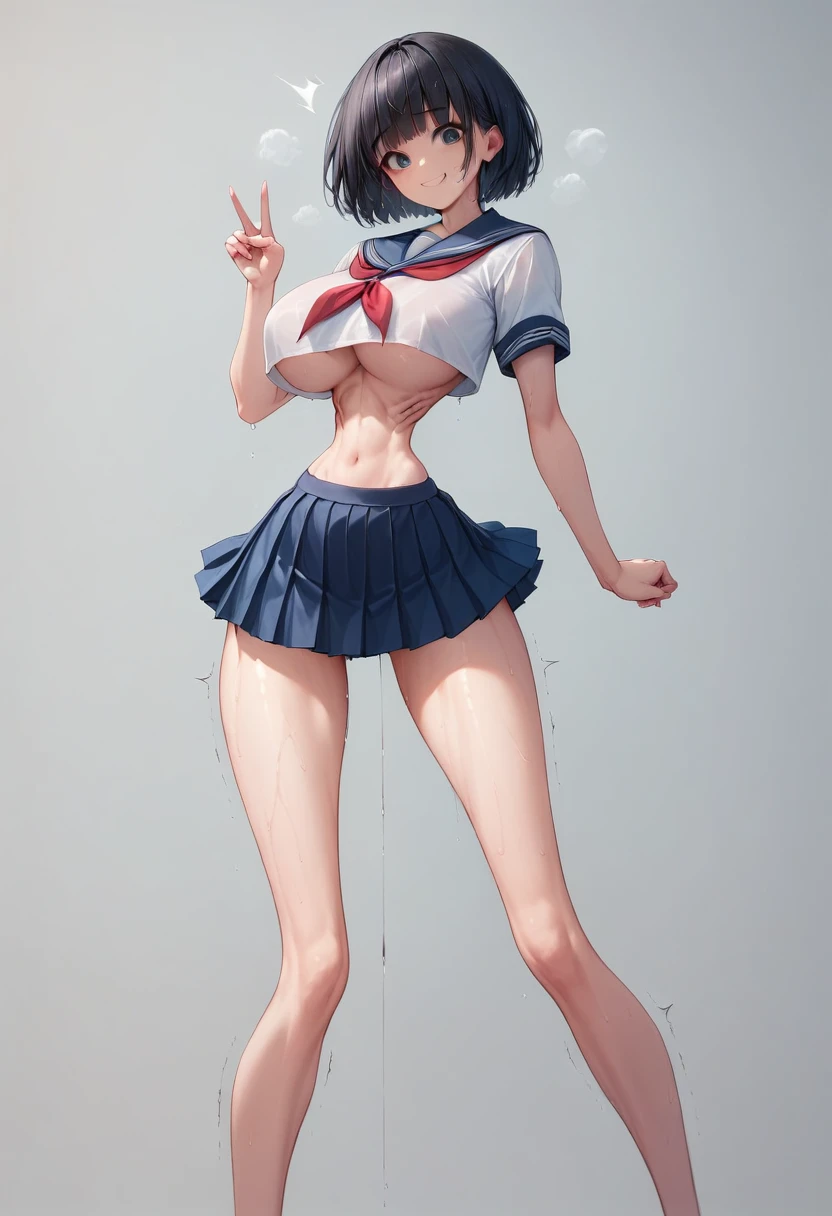 (masterpiece, best quality:1.2), front shot, beautiful 1girl, (micro waist, very long legs:1.4), (super big breasts:1.2), Black hair, short bob hair, short height, scrawny and thin body, Light Skin, cute big eyes, cute beautiful thin face, forced smile, serafuku, mini skirt, pigeon-toed, Arched back, wet and sweaty, visible ribs, Long and thin navel, V sign, Trembling