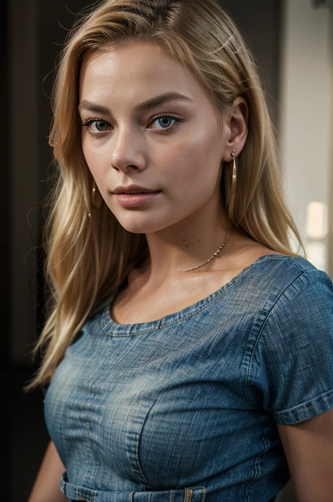 1 beautiful woman, european features, blonde hair, margot robbie lookalike, gorgeous figure, wearing watch, earrings, jeans, t-shirt, detailed face, detailed eyes, detailed lips, highly detailed portrait, photorealistic, 8k, hyperrealistic, dramatic lighting, warm color tones, cinematic composition