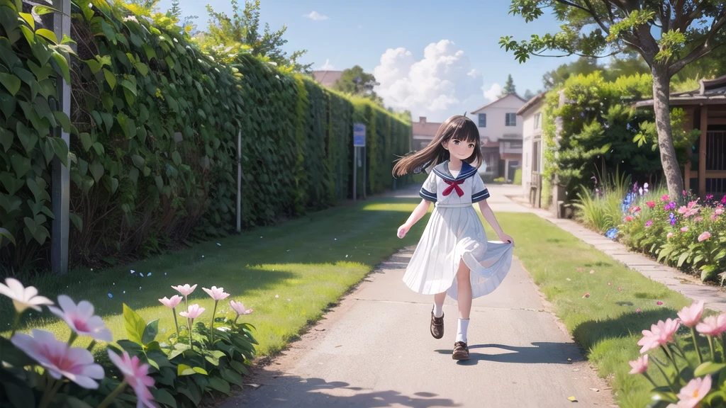 (masterpiece),  town,  blue sky,  One Girl,  smile,  alone,  Sailor suit、Long skirt,  Overgrown,  petal,  plant、Skirt lining、Translucent slip、nostalgic、Strong winds、Skirt fluttering in the wind