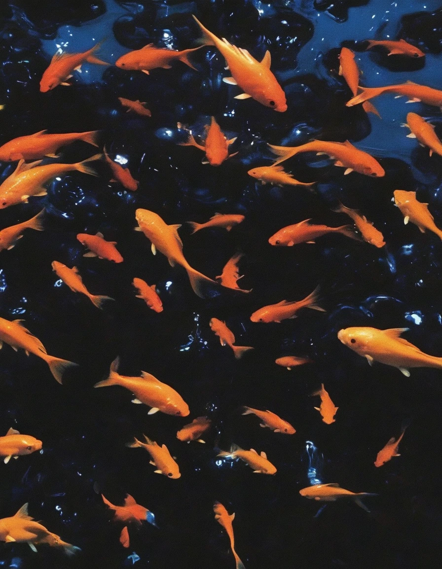  gold fishes in black water, sunset background