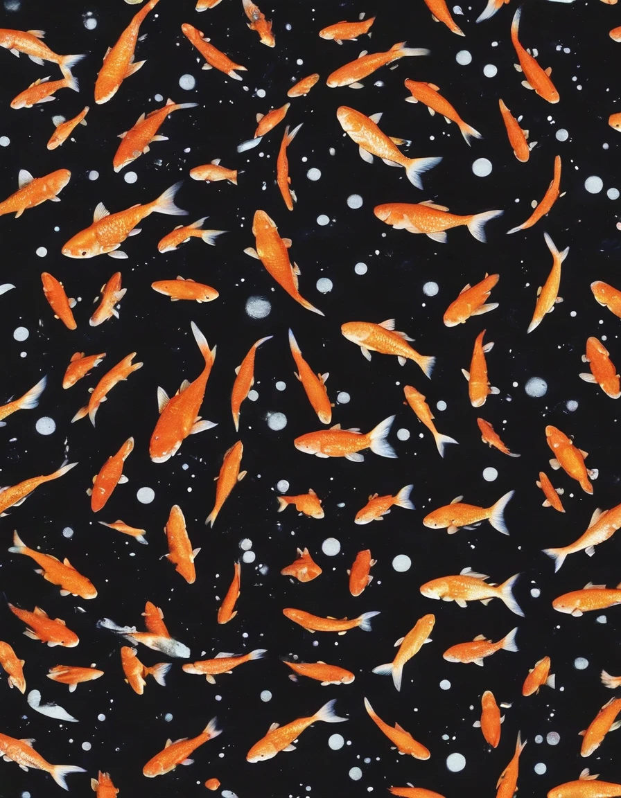  gold fishes in black water, sunset background