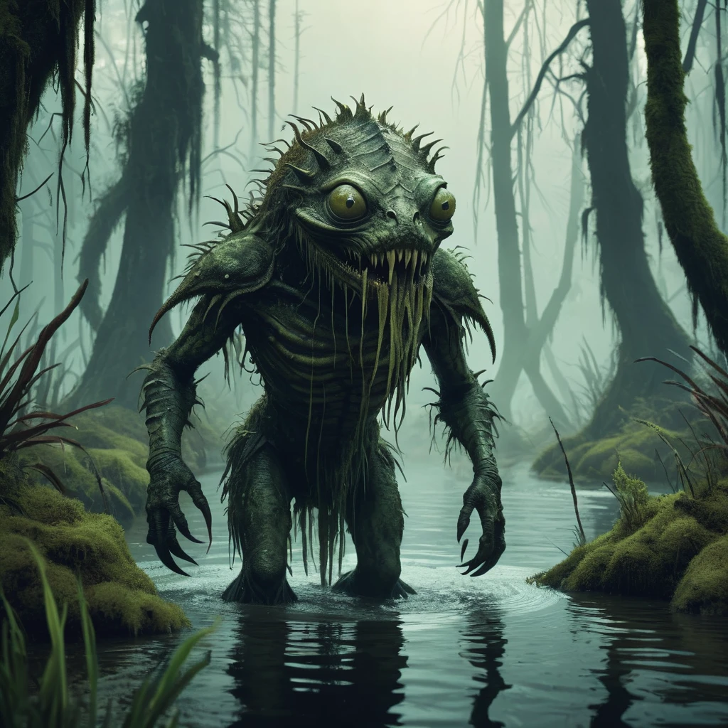 little scary swamp creature in the swamp medieval dark fantasy