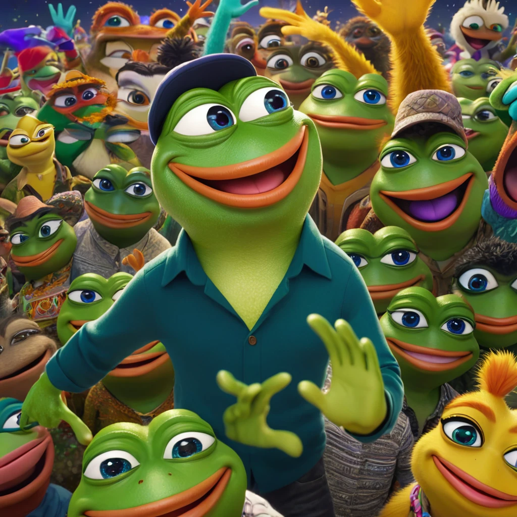 A cartoonish anthropomorphic green frog, Pepe, smiling and waving goodnight, surrounded by a diverse community of anthropomorphic animal characters, highly detailed, bright vibrant colors, dynamic lighting, whimsical, 4k, (best quality,4k,8k,highres,masterpiece:1.2),ultra-detailed,(realistic,photorealistic,photo-realistic:1.37),HDR,UHD,extremely detailed,professional,vivid colors