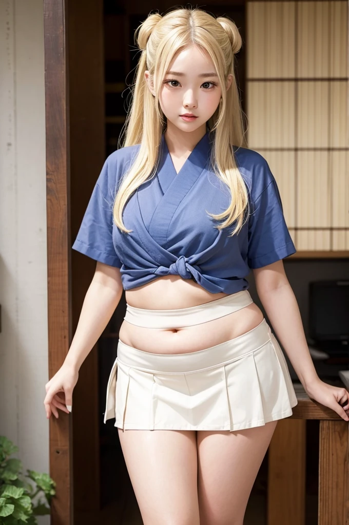 Japanese, a girl, blonde half-up hair, , miniskirt, fair skin, plump thighs