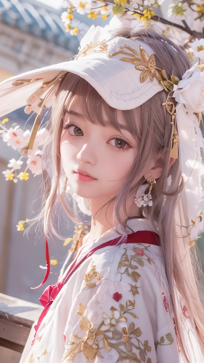 There's a cartoon girl in a dress, China dress, hanbok apron, Chinese Costume, Chinese traditional clothing, Close-up - view, hanbok, wearing ancient Chinese Costume, with ancient Chinese Costume, palace, Girl in Hanfu, White Hanfu, China dress, Kitten with pink flowers, Shadow Room, Light Edge, Two-tone lighting, (Skin with attention to detail: 1.2), 8K Ultra HD, Digital SLR, Soft Light, high quality, Volumetric lighting, Sneak a peek, photograph, High resolution, 4K, 8K, Background blur