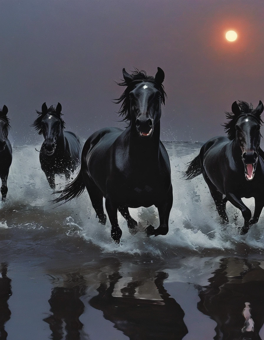 horses running in black water, sunset background