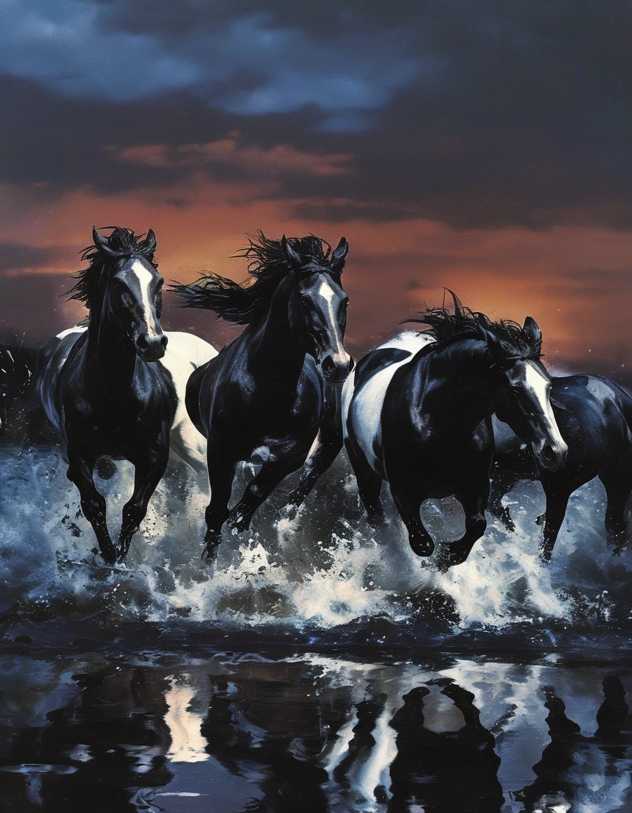 horses running in black water, sunset background