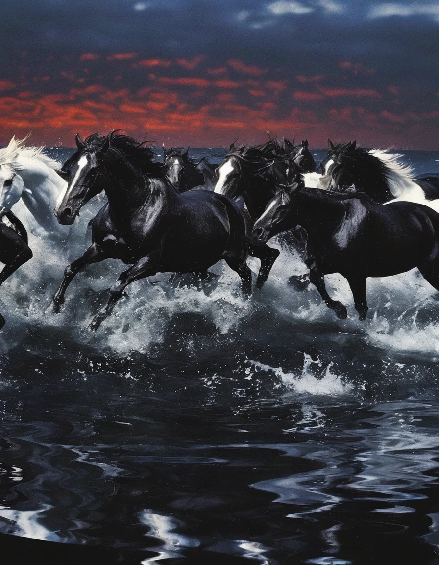 horses running in black water, sunset background