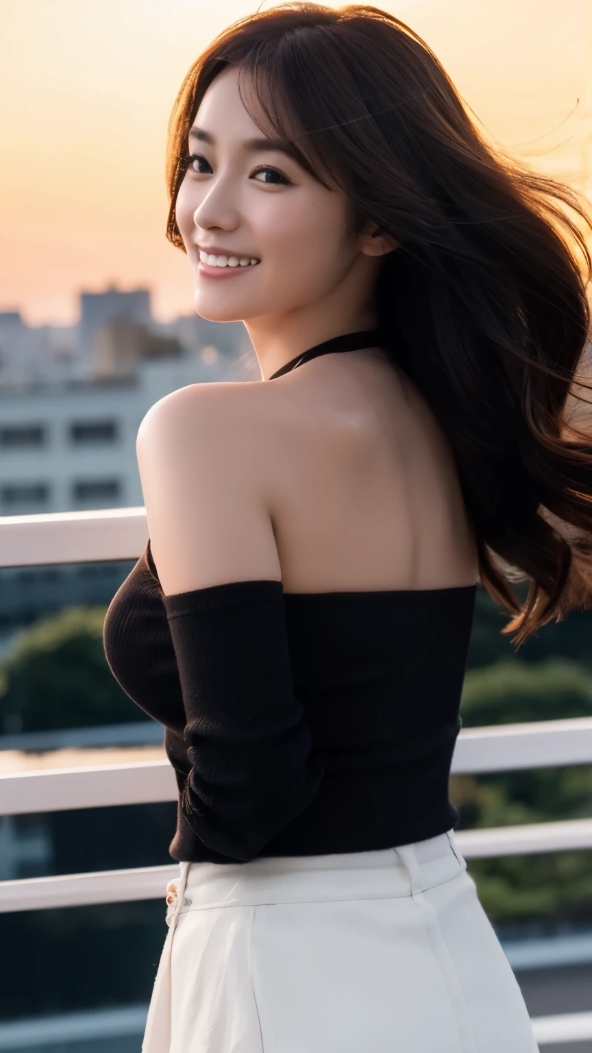 (highest quality,masterpiece:1.3,Ultra-high resolution),(Super detailed,Caustics,8k),(Photorealistic:1.4,RAW shooting),(Buckshot),Japanese,23 years old,cute,Are standing,(Smiling and looking at the camera),Black Hair Middle Hair,Big Breasts,White blouse,Knee-length skirt,Strong winds,Hair blowing in the wind,Rooftop,Backlight,Sunset,Sunset sky,Waist up shot,Face Focus,Face close up,Natural light