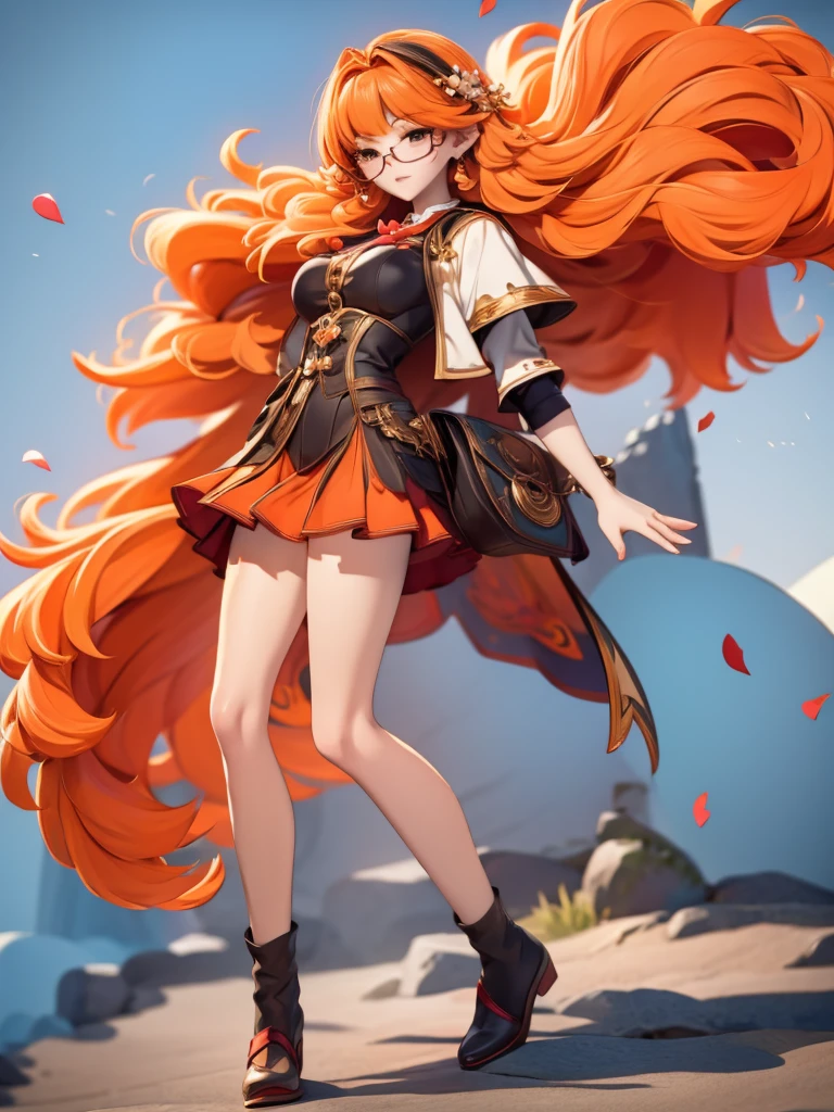 (masterpiece, best quality, highly detailed, UHD), woman, jumping above the ground, wide smile, generous body, orange long hair flowing with the wind, fantasy