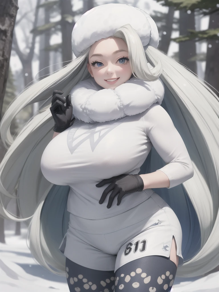 masterpiece, Highest quality, pkmn melon, Fur hat, White scarf, White sweater, White shorts, leggings, One-handed gloves, Upper Body, winter, snow, Alpine Forest, Thick thighs, Huge breasts, View your viewers, smile