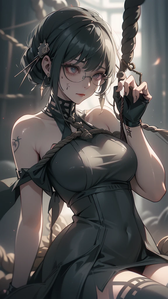 (Unreal Engine 5)), Realistic rendering, wonderful, (Full Armor Body), (cape), (pocket), looking at the camera, Beautiful Face, compensate, CGI Mix, (Photorealism:1.2), Ultra-realistic UHD face(Highest quality)((Clear images with every detail))beauty、((Tied up with rope)).Tortoiseshell binding、((((The body is tightly bound with rope))))、Tight clothing、((Rough skin that cuts into the body々New rope))(Dark Dungeon)、((Very disgusted face)) Skinny body、((There are many tattoos all over the body))(((Black sexy underwear)))Glasses、Shortcuts、((whole body muscular))Tight clothing、((torture chamber))Guillotine Room, ((Black underwear)), Torture Devices、(((a lot of scars on the body)))、(((The Hanged Woman)))(Tight clothing)((M-shaped spread legs))((A woman hanging from a tall tree))(((Short Hair、Glasses)))((Big Ass))((Tied up with rope:1.5))