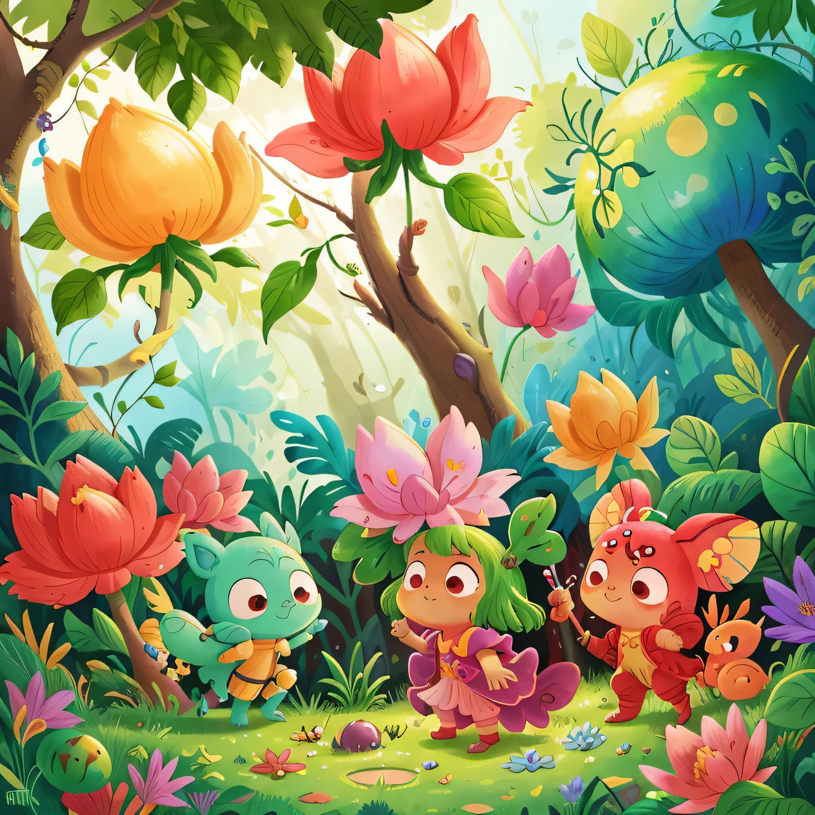 Cartoon Garden Blossoms with Whimsical Delight

Exotic flowers of vibrant hues bloom in an enchanting cartoon garden, their petals dancing to an unheard melody. The sun's warm rays filter through the lush foliage, casting dancing shadows on the winding pathways that lead to hidden nooks and crannies.

Tiny, glowing orbs float lazily overhead, illuminating the garden with their soft, ethereal glow. Plump, ripe fruits hang enticingly from the branches of towering trees, beckoning to curious creatures that scamper about on the verdant grass.

In the