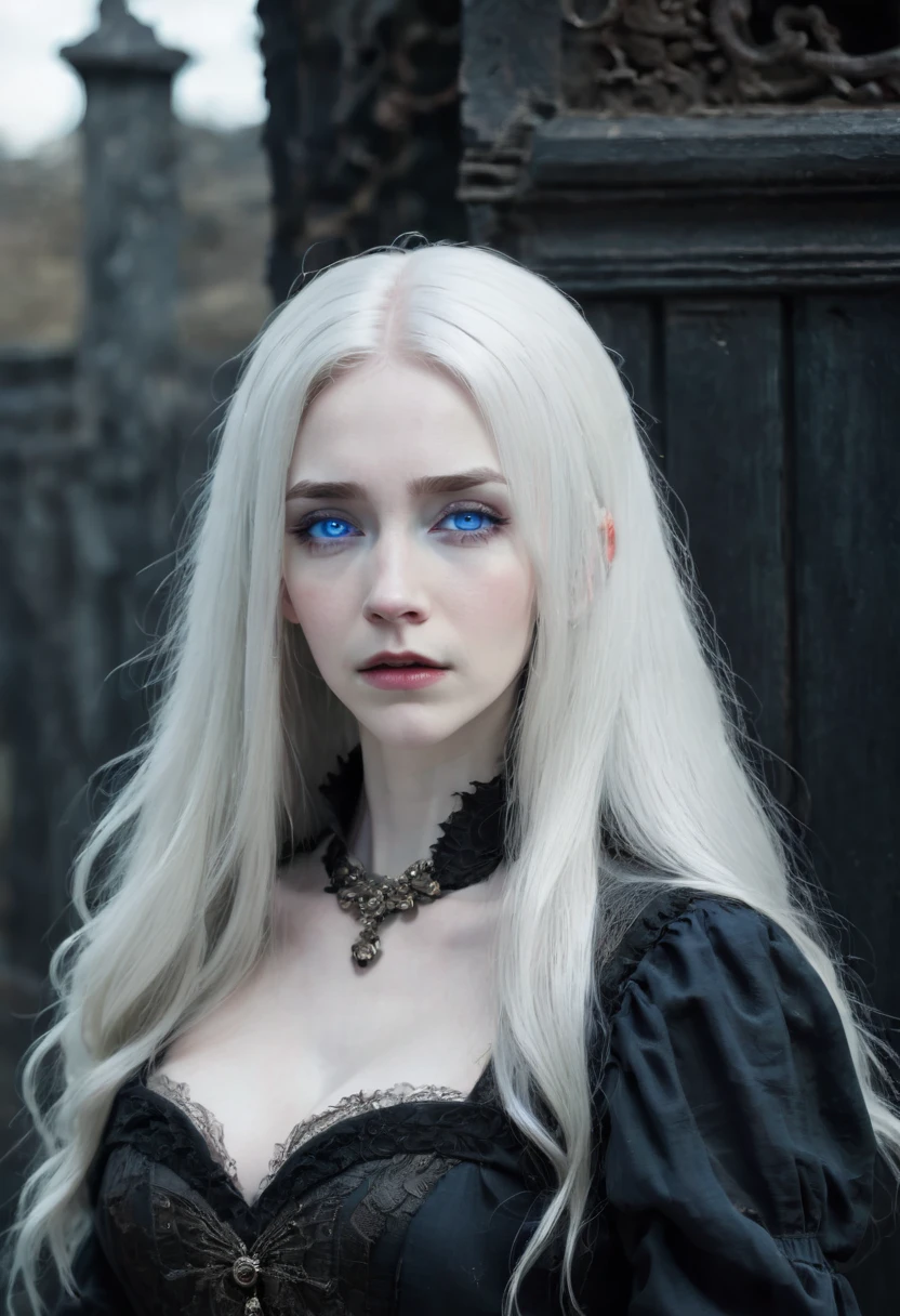 A woman with long white hair and blue eyes ,pale skin,expression of sadness ,black victorian dress ,open neckline,long breasts,in a dark horror environment