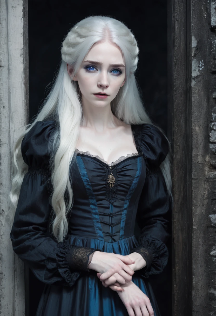 A woman with long white hair and blue eyes ,pale skin,expression of sadness ,black victorian dress  ,open neckline,long breasts,in a dark horror environment