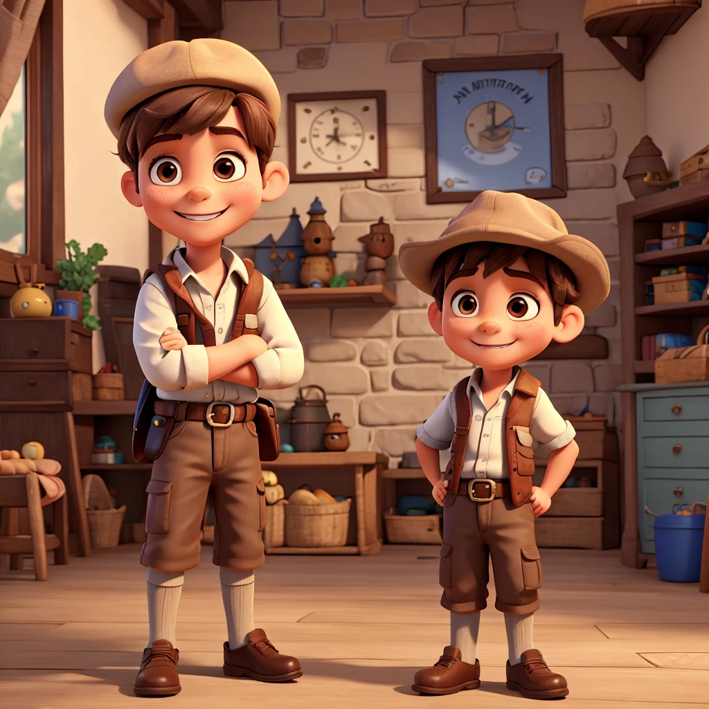 A 5 year old boy with brown hair, wearing adventurer costume with hat, Smiling and with my arms crossed. 8K, UHD and pixar style.
