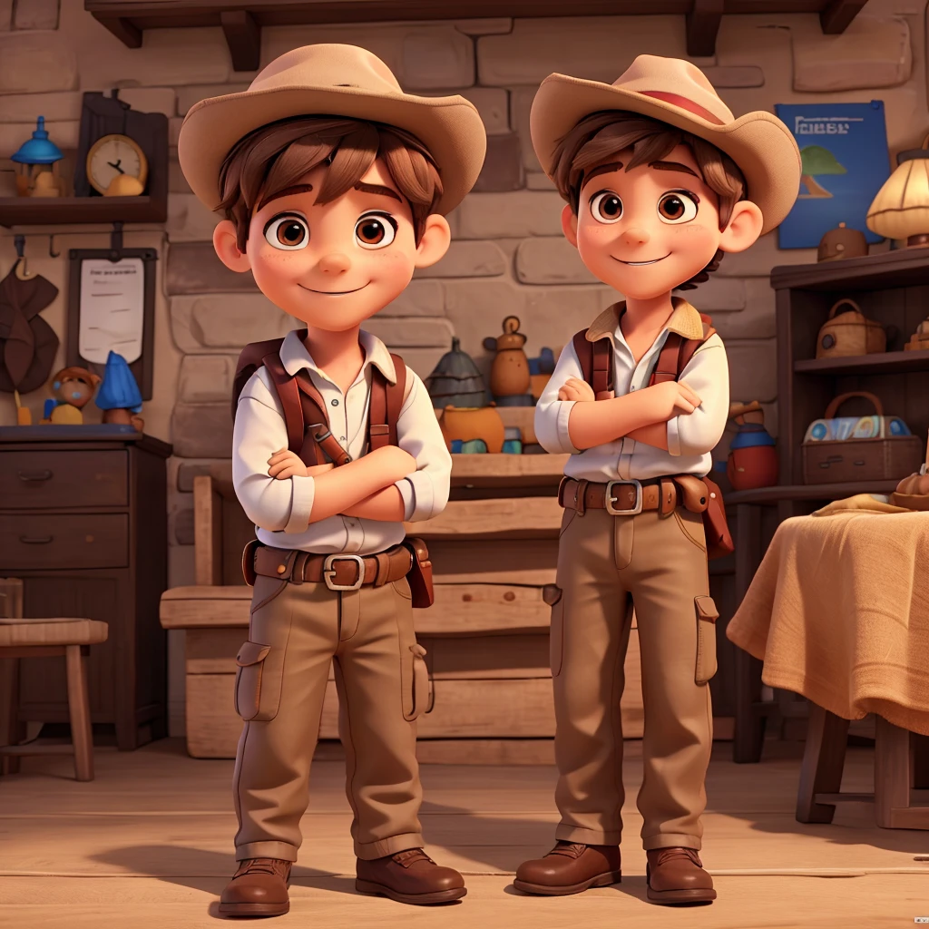 A 5 year old boy with brown hair, wearing adventurer costume with hat, Smiling and with my arms crossed. 8K, UHD and pixar style.