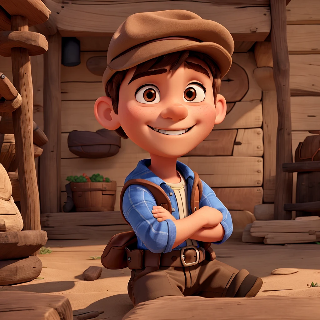 A 5 boy with brown hair, wearing adventurer costume with hat, Smiling and with my arms crossed. 8K, UHD and pixar style.