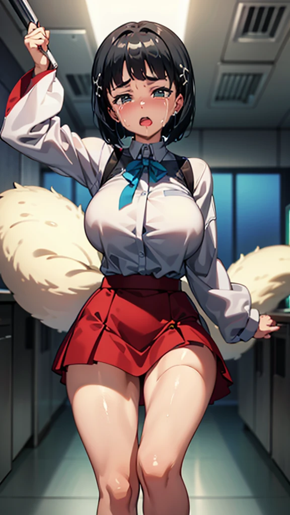 アニメ,Perfect Anatomy,Suguha Kirigaya,1female,crossed eyes,(rolling eyes),open mouth,(tongue out),(crying),(highleg),((micro skirt)),short hair,large breasts,(slim body)