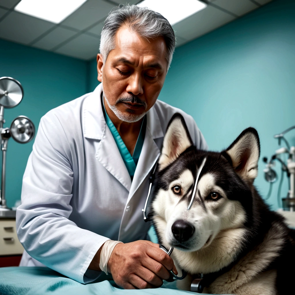 a sixty years man, Indonesian face, veterinarian, facing camera, black-silver hair, short haircut, fashion hair cut, white robe, using a stethoscope to examine a husky in a surgery table, the husky close eyes unconscious, the husky laying head down, fantastic photoshot, dramatic angle, extremely detailed, uhd, 8k, dramatic light, blurry background