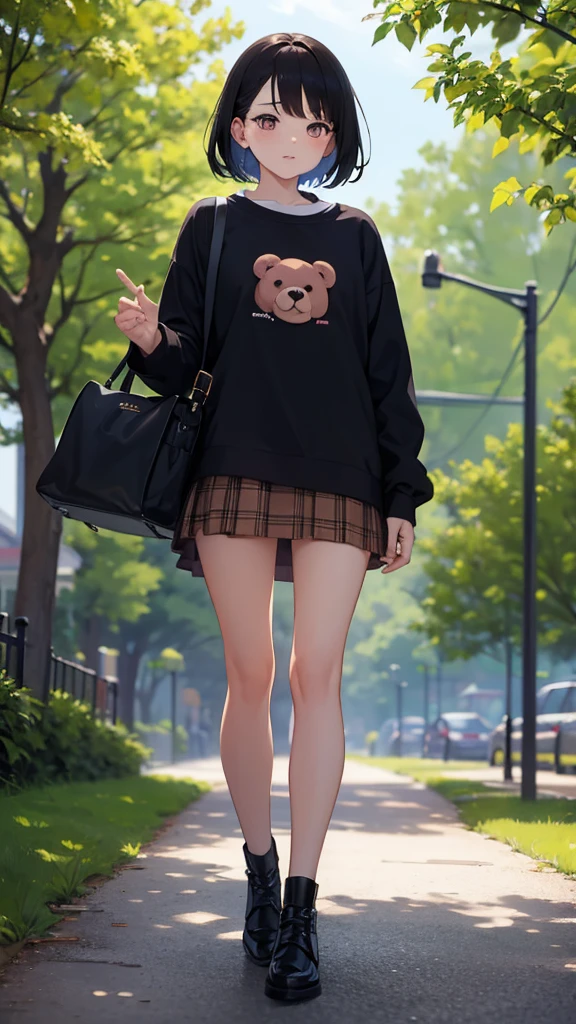 Sweet girl walking in the park without trees, She wears a teddy bear print outfit and a short skirt