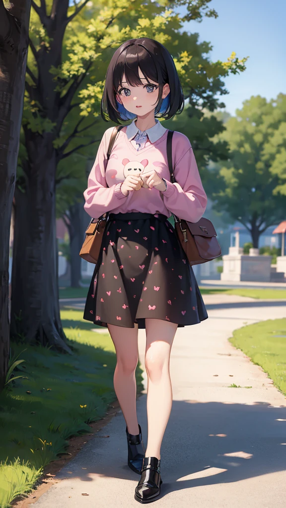 Sweet girl walking in the park without trees, She wears a teddy bear print outfit and a short skirt