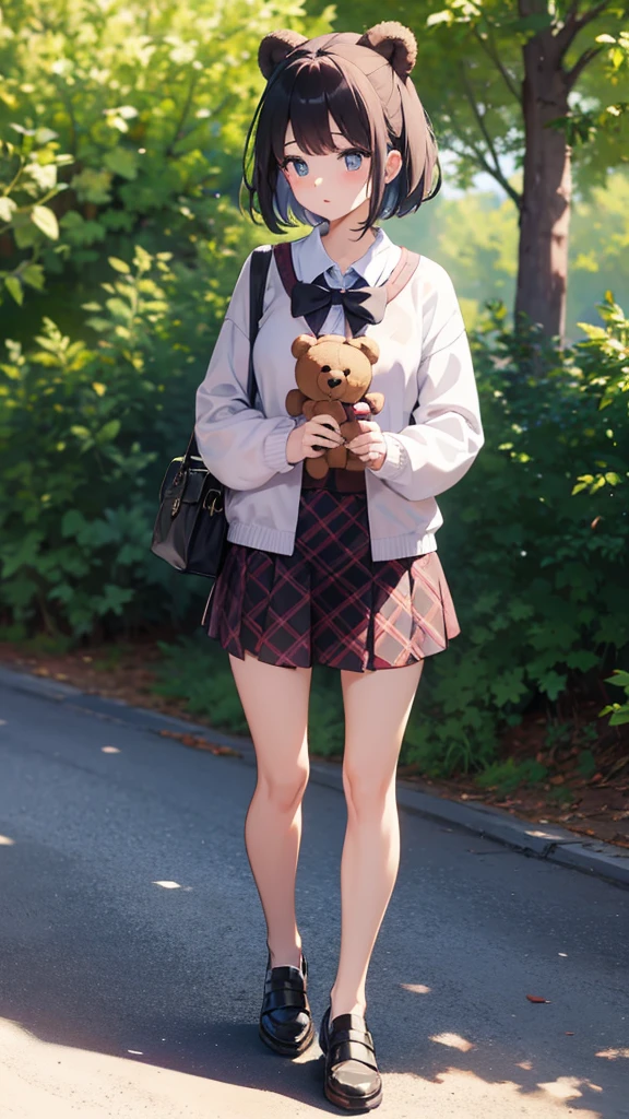 Sweet girl walking in the park without trees, She wears a teddy bear print outfit and a short skirt