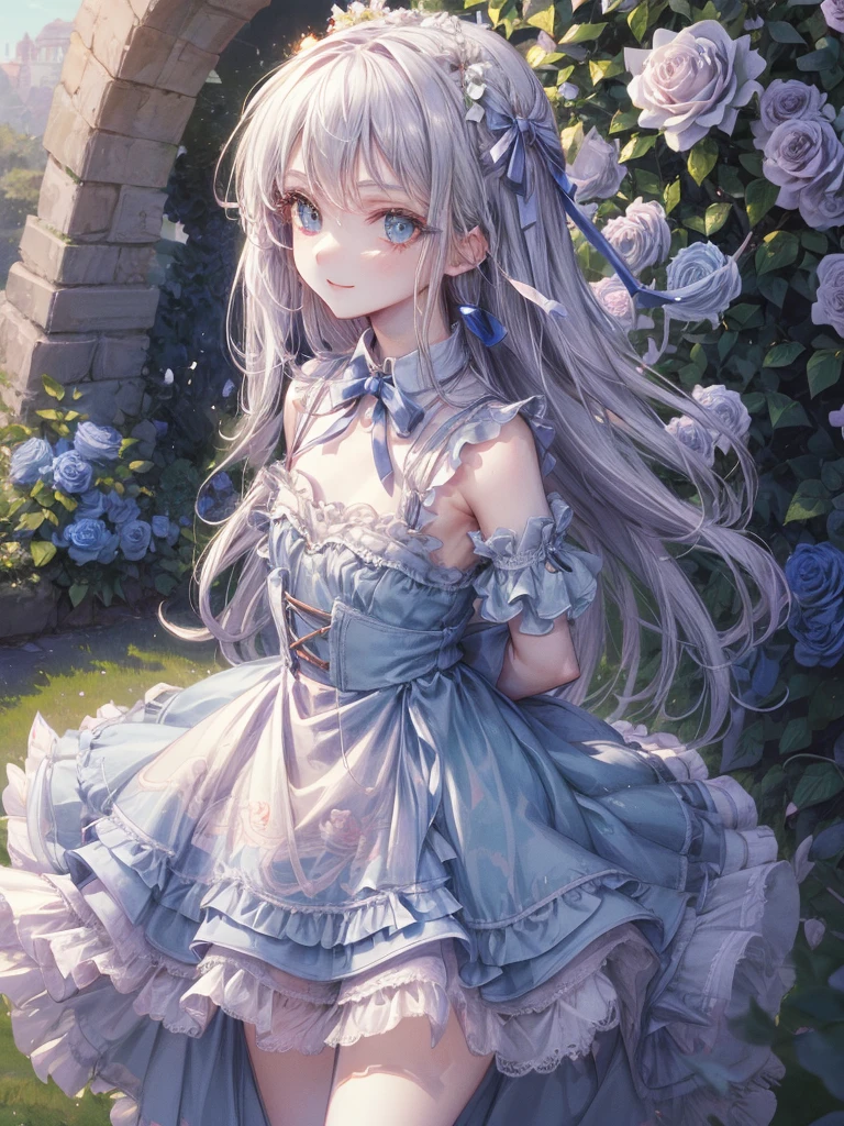 art by Cornflower,(masterpiece),(highly detailed CG,ultra-detailliert,Best Shadow:1.3),(Perfect Anatomy),(beautiful and luxurious:1.2),1 girl,((arms behind back)),(alice in the wonderland),blue ribbon on head,blue clothes,Beautiful and extra detailed face,flat colors,limited pallete,low contrast,the best lighting,lite smile,Standing in a park full of white roses,cowboy shot