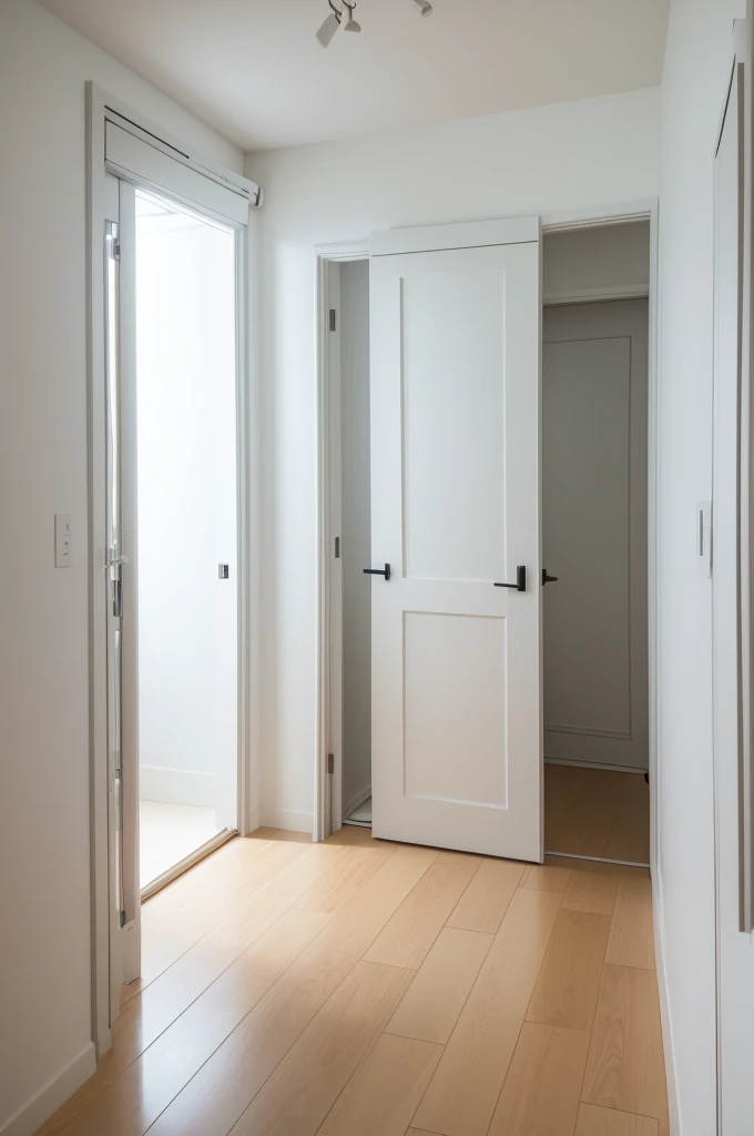 A room with white walls, a door, a window and air conditioning