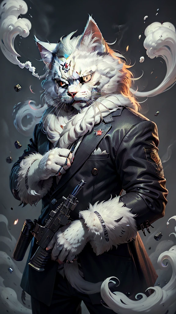 White siberian cat, mafia style, smoking and holding a gun, sharp gaze as if he wanted to kill anyone, best image quality, natural bright colors