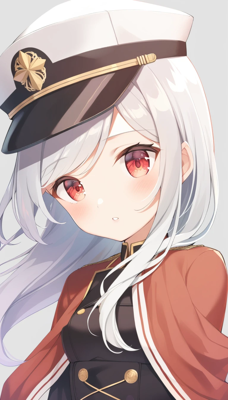1 Girl, Head up and cross waist, Long hair,, Silver hair, , Red eyes, front, , Military cap, shawl, Handsome, portrait