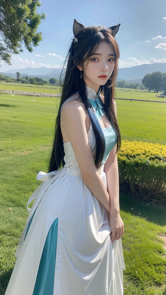 ((masterpiece, best quality)),(illustration),(detailedLight),((Extremely exquisite and beautiful)),1 Girl,Godolphin Arabian Horse,long hair,blue hair,Green Eyes,Horse Ears,Horse girl,hair_Decorations,White Dress, Bare shoulders, ,sleeveless,evening dress,Long skirt,outdoor, Light,Blue sky, horizon, grassland, wilderness