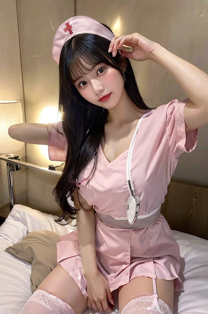 Browsing Caution、((valley:1.5))、Exposed nipples、(Big Tits)、(((pink nurse uniform))、whole body、double eyelid、valley、Hospital room、White garter belt、On the bed、(spread legs:1.5)、Highest quality, Very detailed, Fine details, High resolution, 8K, Perfect dynamic composition, Beautiful details, Beautiful 20 year old woman、The only person,Black Hair、Glamorous Body、Cute face、V-neck、Bright lights、Raise your arms、(Two Arms)、(pussy)