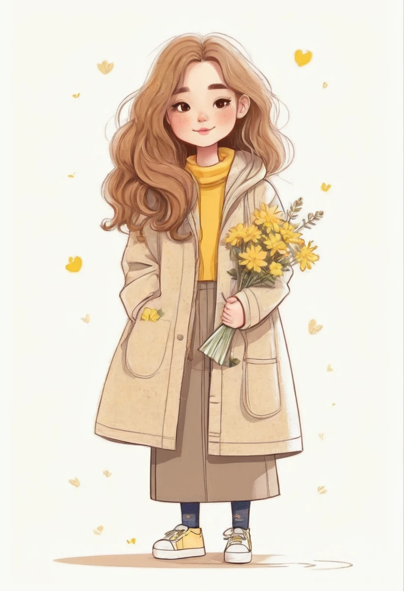 a drawing of a girl with long hair and a coat holding flowers, cute illustration, cute art style, infp girl, beautiful drawing style, wearing a hoodie and flowers, with flowers, wavy hair yellow theme, cute cartoon character, illustration style, cute detailed artwork, cartoon style illustration, girl in raincoat, cute digital art, cute detailed digital art, cute cartoon style