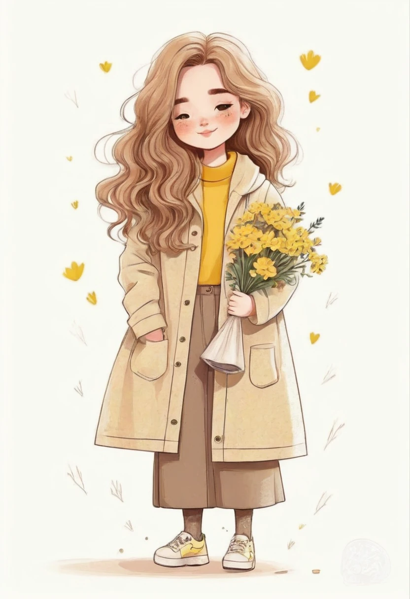 a drawing of a girl with long hair and a coat holding flowers, cute illustration, cute art style, infp girl, beautiful drawing style, wearing a hoodie and flowers, with flowers, wavy hair yellow theme, cute cartoon character, illustration style, cute detailed artwork, cartoon style illustration, girl in raincoat, cute digital art, cute detailed digital art, cute cartoon style