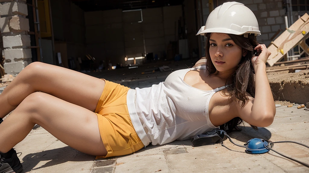Beautiful sexy girl in tight shorts and safety helmet working on a construction site