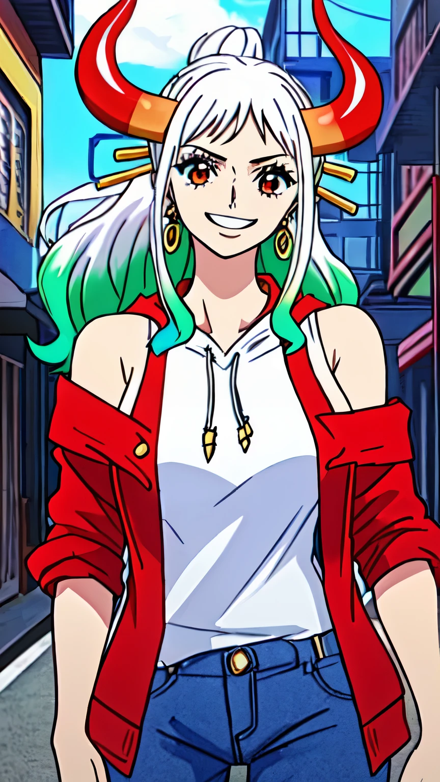 (masterpiece, best quality, high , 8k:1.2),anime, Ultra-detailed, Yamato, White hair, Earrings, 1 girl, Smiling,Colorful hair, Dynamic Angle, Solo, Horns, Green hair, Long hair, Jewelry, Large breasts, (Black leather camisole, leather mini skirt, black boots, beautiful shoes, city:1.2)