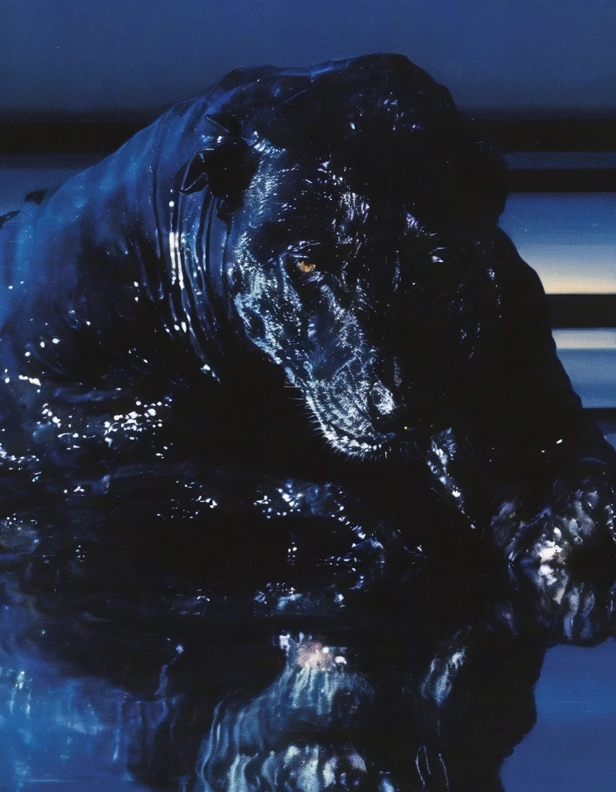 black wizard in black water, blue sunset background