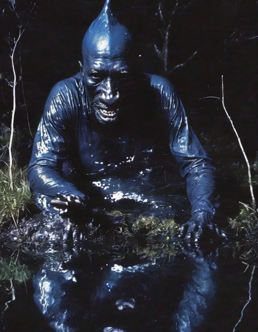 black wizard in black water, blue sunset background