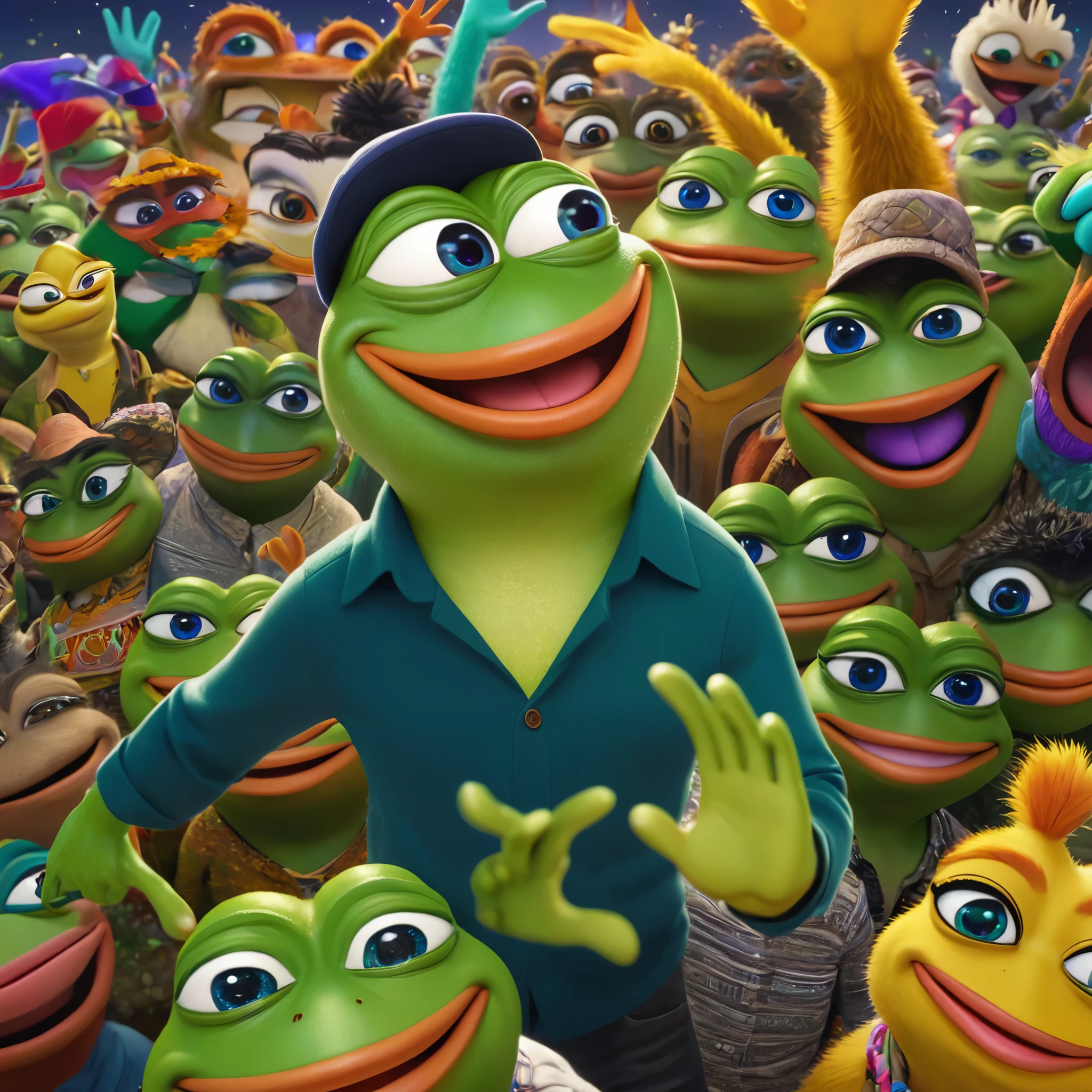 A cartoonish anthropomorphic green frog, Pepe, smiling and waving goodnight, surrounded by a diverse community of anthropomorphic animal characters, highly detailed, bright vibrant colors, dynamic lighting, whimsical, 4k, (best quality,4k,8k,highres,masterpiece:1.2),ultra-detailed,(realistic,photorealistic,photo-realistic:1.37),HDR,UHD,extremely detailed,professional,vivid colors