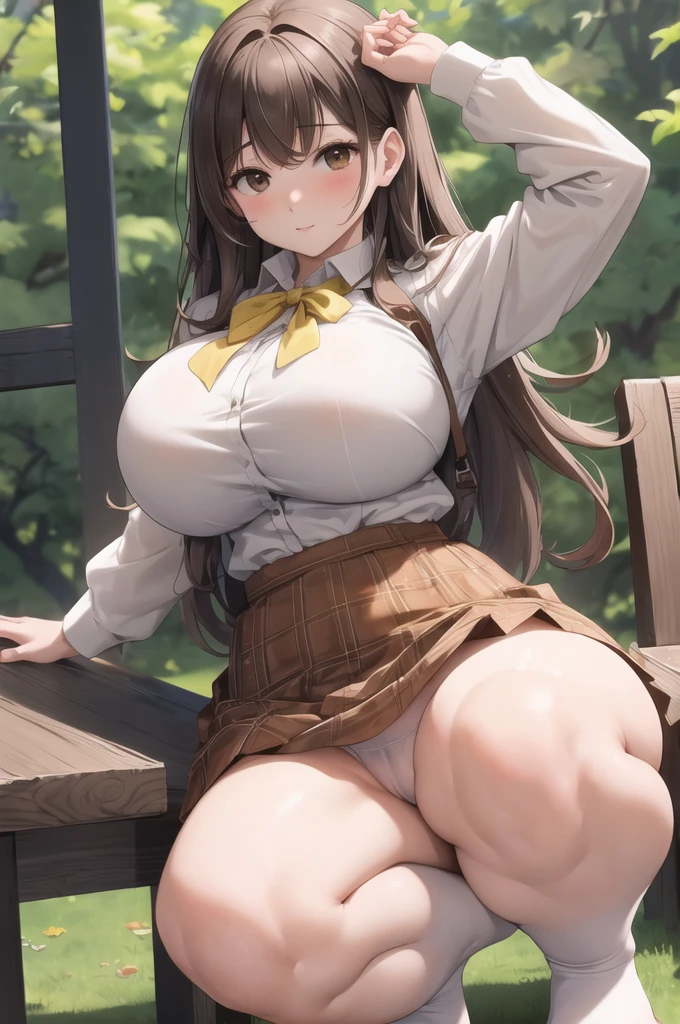 nsfw、(((solo)))、(((Big Breasts)))、squat、Legs wide open、Crotch wide open、White mesh panties exposed、Cameltoe、Picking up her skirt to expose her crotch、Brown eyes、Brown Hair、hair ornaments、Long Hair、Green plaid skirt、White shirt、Yellow sweater vest、Masterpiece highest quality high resolution、Anna Tanaka、Long Hair、Sit with your knees bent、8 heads、Beautiful feet、at school、As if looking up from below、Embarrassing、nsfw、White panties、Cameltoe