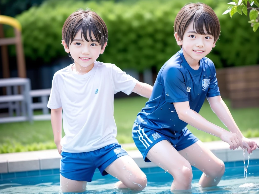 夏休みのprimary school校、Pool、primary school５Grade、Japan Boy、Glowing water splashes、A good boy dripping with water、hot day、Two Boys、Various poses、Short sleeve gym uniform、Blue shorts、physical education、barefoot，（Boy 1.4）、Boys only 、(１０Age 1.４)