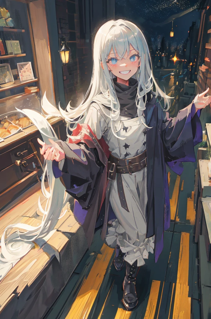 gray little monster man, medieval thief clothing, alone, nighttime, iluminated by a candle, evil grin with sharp teeth.