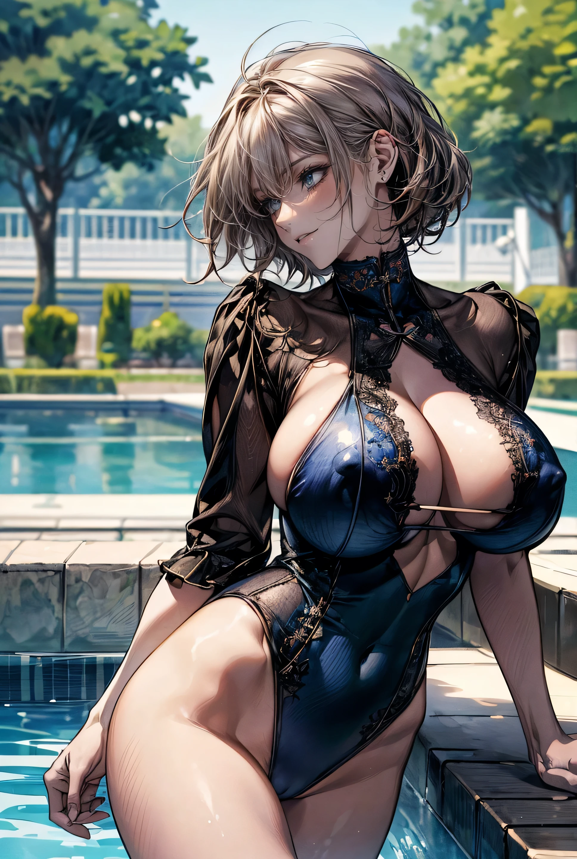 (masterpiece, Highest quality, Super detailed:1.3), Perfect composition, 4K, (Very detailed, Super detailed), A simple blue swimsuit、High resolution, 8k Texture, Attention to detail, Highly detailed skin texture, Magnificent details, High Sharpness, One girl, (Fine grain:1.3), Many layers of eyes、(25-year-old woman:1.3), (skinny), (Big Breasts:2), Outdoor swimming pool side,((Lively composition))、smile、A pleasant looking face、Toned body、Shot from the back、turn around、Nipple swelling、Wet Skin、Stretching exercise with both arms extended、Beautiful feet、