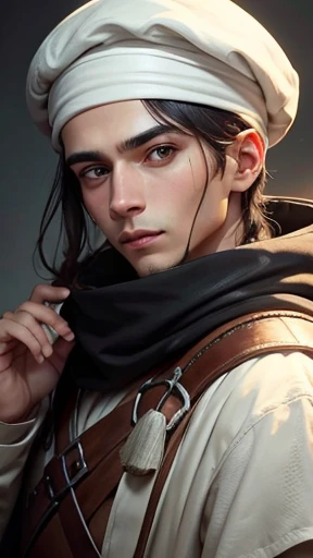 (He wore a white beret loosely wrapped around his head like a turban.)、(His beret fits perfectly over his helmet.)、(His beret puffs up like a normal hood and hangs down behind his head.)、