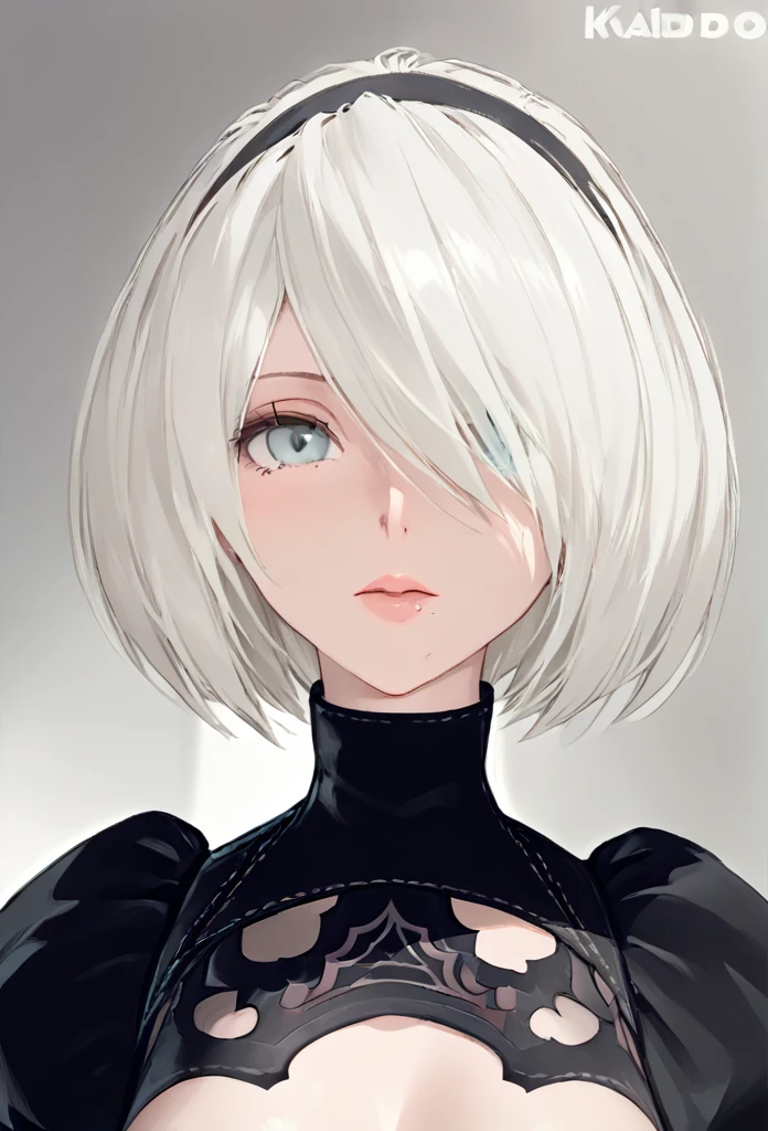 yorha 2B, Nier automata, mature woman, white hair, mature body, looking up at viewer, front view, kabedon