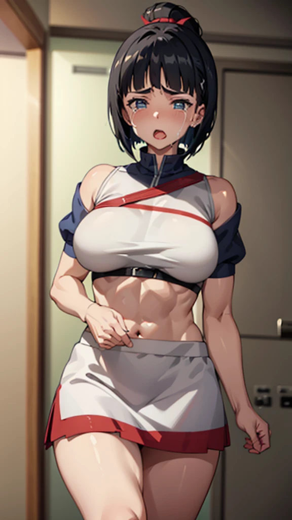 アニメ,Perfect Anatomy,Suguha Kirigaya,1female,crossed eyes,(rolling eyes),open mouth,(tongue out),(crying),(highleg),((micro skirt)),short hair,large breasts,(slim body)