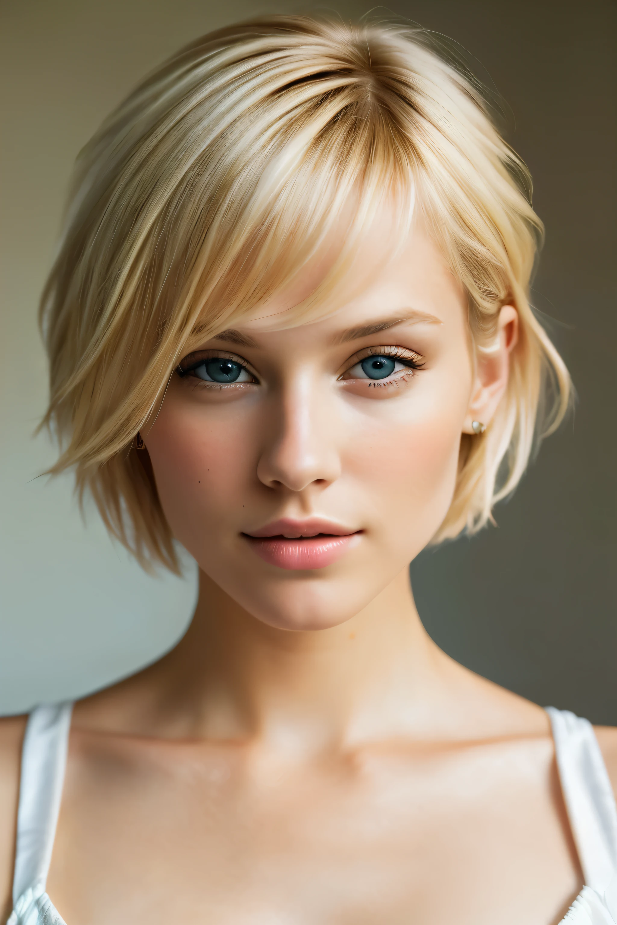 highest quallity, photorrealistic, work of art, 8K, 1 girl, posing for a picture, digitl art, blonde goddess, Beautiful blonde girl, shorth hair, Beautiful woman, sexy girl, sexy looking at the camera