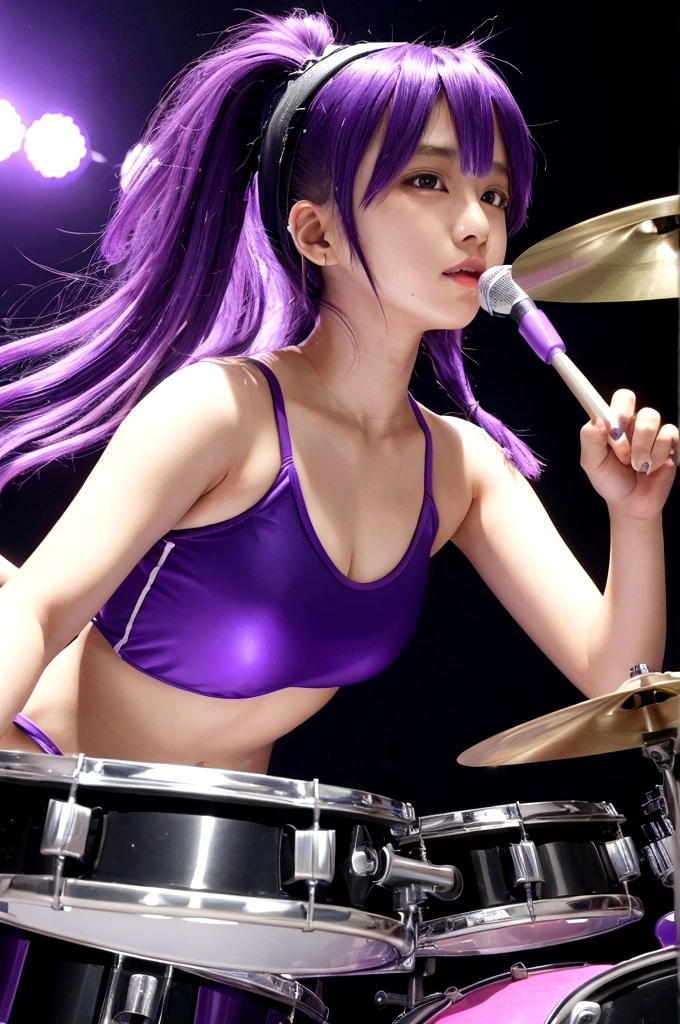 1woman, idol, ahoge, purple hair, school swimsuit、live house、20-year-old、drummer、Playing the drums、Swimwear