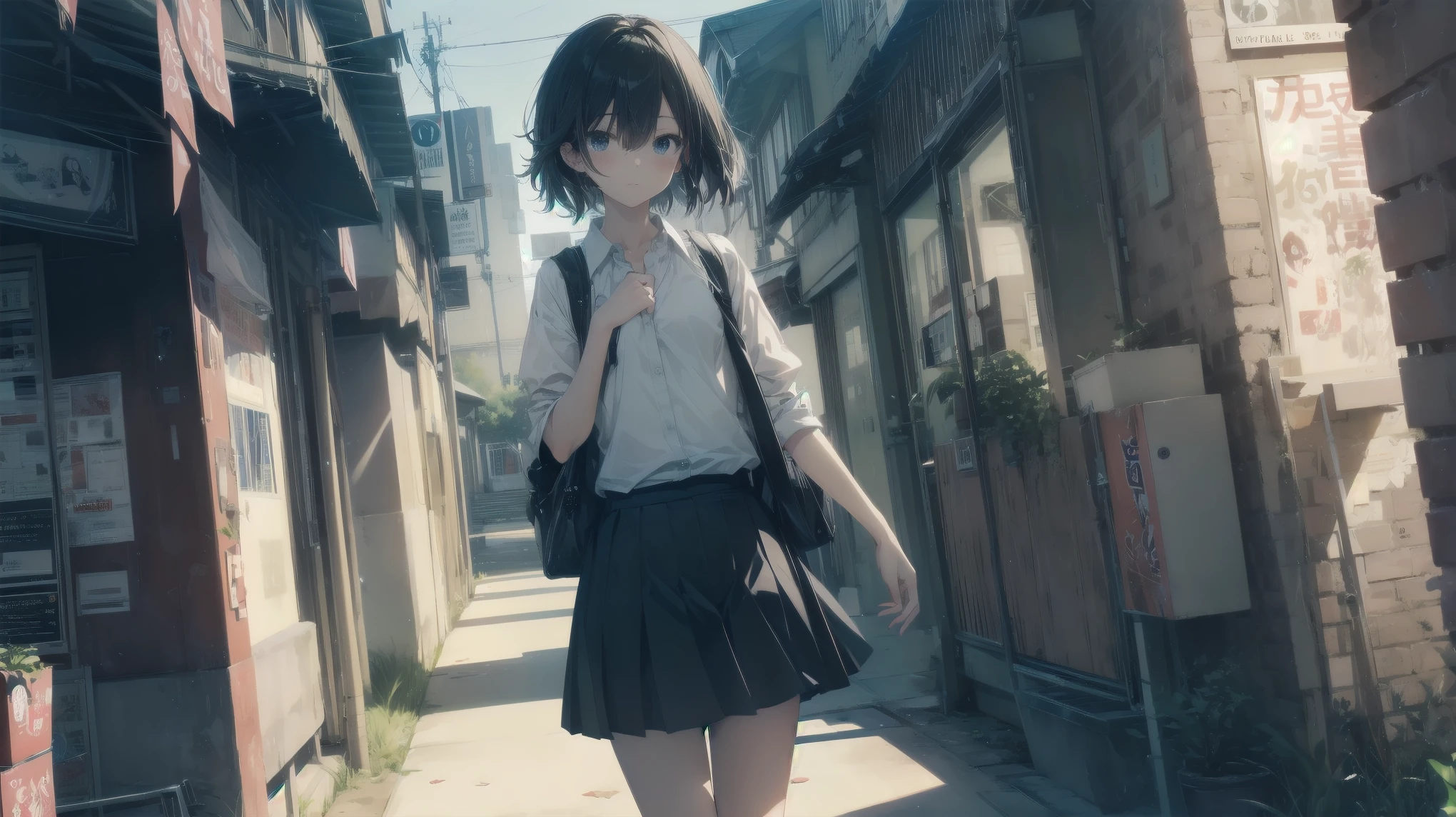 Super high quality by Art God, Super detailed, High resolution, Anime Moe Art Style, Best Anime 8K Konachan Wallpaper, pixiv Contest Winner, Perfect Anatomy, break,(Please draw a girl walking sleepily to school.. ),break, One girl, (alone,change,,13 years old:1.3),Complete limbs, Full Finger,, The charm of androgyny, (Very short hair), Sleeping hair, Messy Hair, Flat Chest, Small Ass, between legs, Small eyes,Beautiful and exquisite black eyes, Well-proportioned iris and pupil, Disgusted Eyes,  High resolutionの詳細な髪, , skirt, School zone. break,Highly detailed skin, Best lighting by famous artists, 8K, figure,